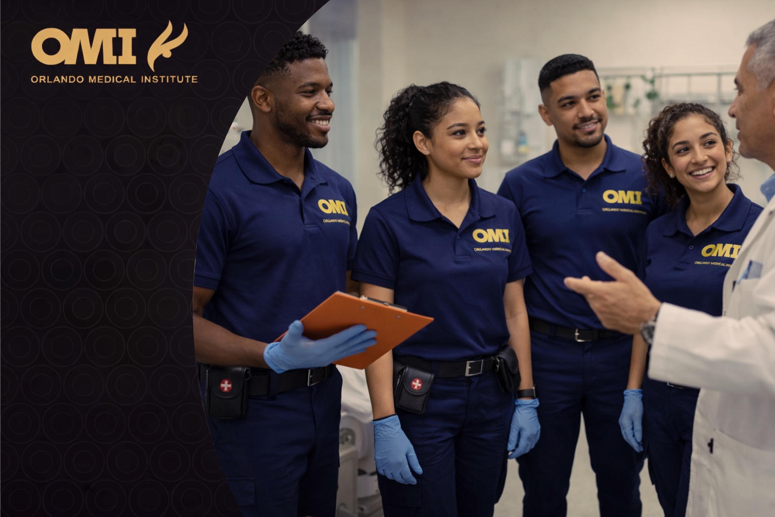 EMT students training during clinical rotation with instructor at Orlando Medical Institute