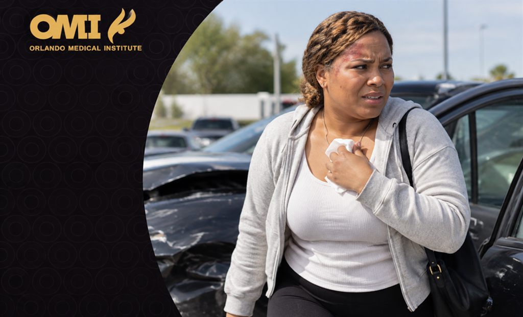 car accident first aid Injured woman standing next to a damaged car after an accident