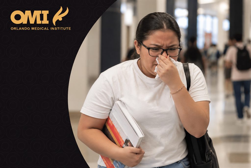 nosebleed first aid Student pinching her nose to stop a nosebleed